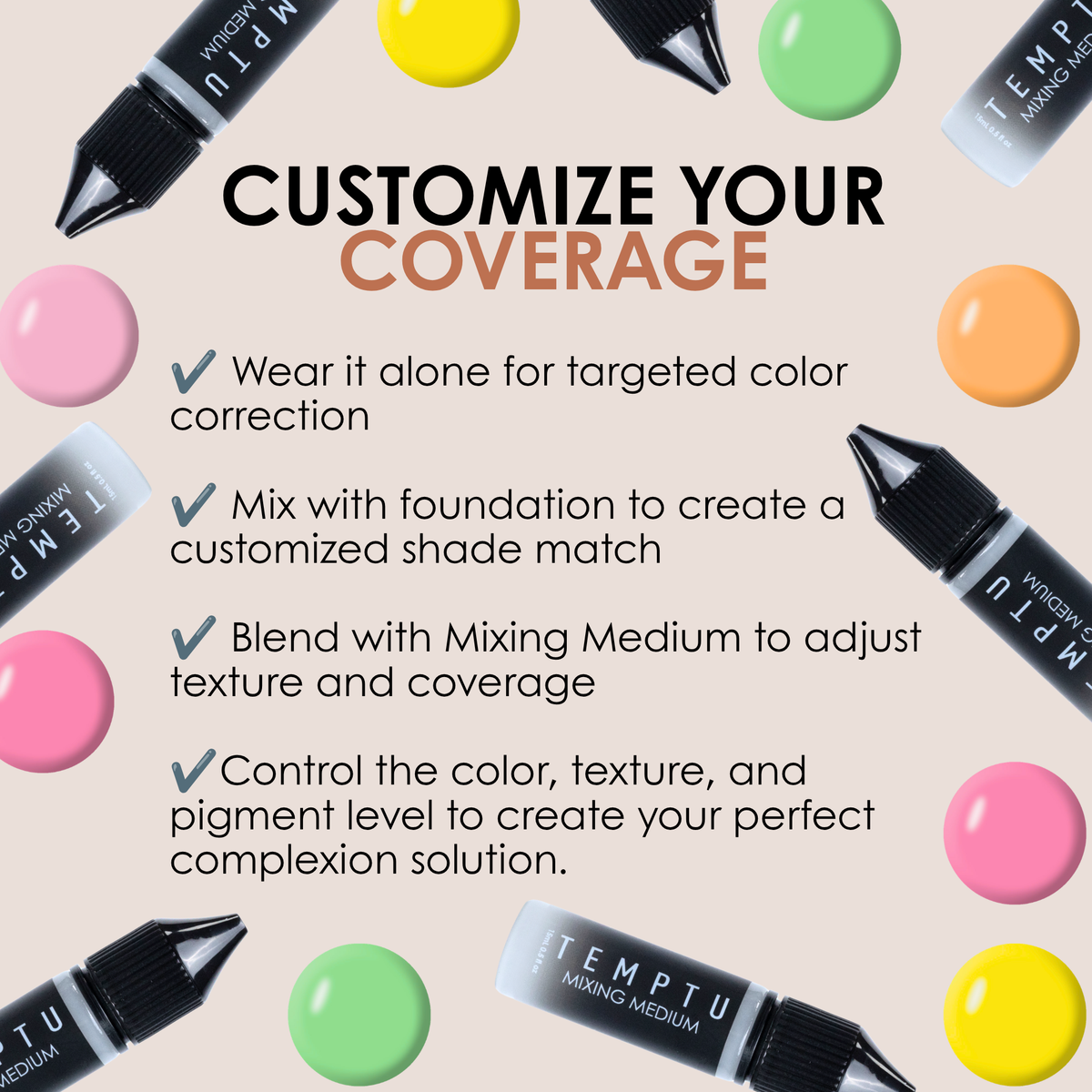 Infographic promoting the combination of the neutralizer wheel and mixing medium for professional makeup artists.